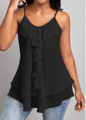Black tops,Plain Color tops,ROTITA Ruffle Black Scoop Neck Strappy Camisole Top