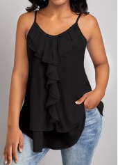 Black tops,Plain Color tops,ROTITA Ruffle Black Scoop Neck Strappy Camisole Top