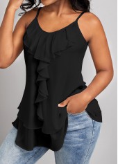 Black tops,Plain Color tops,ROTITA Ruffle Black Scoop Neck Strappy Camisole Top