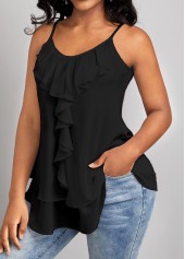 ROTITA Ruffle Black Scoop Neck Strappy Camisole Top