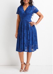 Navy dresses,Plain Color dresses,Lace Navy V Neck Short Sleeve Dress