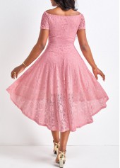 Pink dresses,Plain Color dresses,Lace Pink High Low Off Shoulder Dress