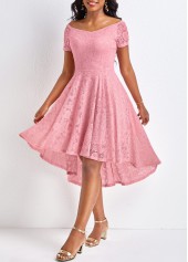 Pink dresses,Plain Color dresses,Lace Pink High Low Off Shoulder Dress