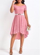Lace Pink High Low Off Shoulder Dress