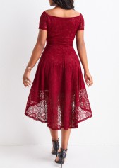 Wine Red dresses,Plain Color dresses,Lace Wine Red High Low Off Shoulder Dress