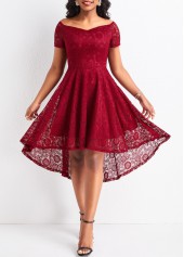 Wine Red dresses,Plain Color dresses,Lace Wine Red High Low Off Shoulder Dress