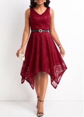 V Neck Lace Wine Red Sleeveless Dress