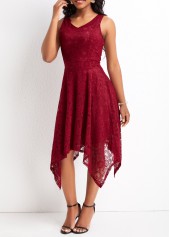 Wine Red dresses,Plain Color dresses,V Neck Lace Wine Red Sleeveless Dress
