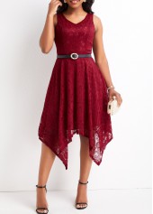 Wine Red dresses,Plain Color dresses,V Neck Lace Wine Red Sleeveless Dress