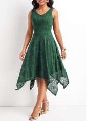 Blackish Green dresses,Plain Color dresses,Lace Blackish Green High Low V Neck Dress