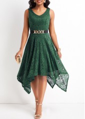 Lace Blackish Green High Low V Neck Dress