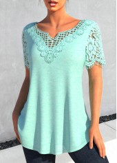 Mint Green tops,Plain Color tops,ROTITA Lace Mint Green Round Neck T Shirt