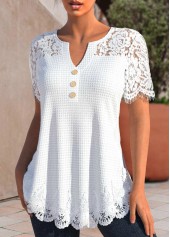 White tops,Plain Color tops,ROTITA Lace White Split Neck Short Sleeve T Shirt