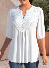 White tops,Plain Color tops,ROTITA Lace White Split Neck Half Sleeve Blouse