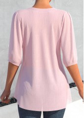 Light Pink tops,Plain Color tops,ROTITA Lace Light Pink Split Neck Half Sleeve Blouse