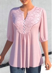 Light Pink tops,Plain Color tops,ROTITA Lace Light Pink Split Neck Half Sleeve Blouse