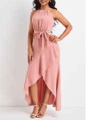 Dusty Pink dresses,Plain Color dresses,Dusty Pink Belted High Low Sleeveless Dress