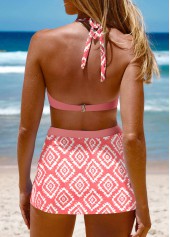 Coral swimwear,Geometric swimwear,ROTITA Cross Hem Coral Geometric Print Bikini Set