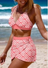 Coral swimwear,Geometric swimwear,ROTITA Cross Hem Coral Geometric Print Bikini Set