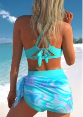 Cyan swimwear,Striped swimwear,ROTITA Mesh Cyan Wave Pattern Print Bikini Set