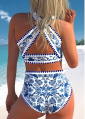 Blue swimwear,White swimwear,Tribal swimwear,Floral swimwear,Geometric swimwear,ROTITA Bowknot Blue Tribal Print High Waisted Bikini Set