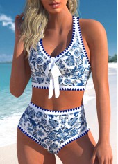 Blue swimwear,White swimwear,Tribal swimwear,Floral swimwear,Geometric swimwear,ROTITA Bowknot Blue Tribal Print High Waisted Bikini Set