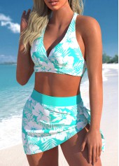 Cyan swimwear,White swimwear,Floral swimwear,Plants swimwear,ROTITA Criss Cross Cyan Floral Print Bikini Set
