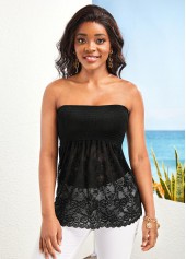 Black tops,Plain Color tops,Lace Black Smocked Bandeau Tank Top