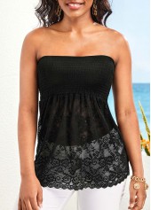 Black tops,Plain Color tops,Lace Black Smocked Bandeau Tank Top