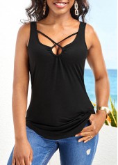 Black tops,Plain Color tops,Criss Cross Black Cutout Camisole Top