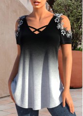 Black tops,Ombre tops,Contrast Color tops,ROTITA Patchwork Ombre Black Round Neck T Shirt