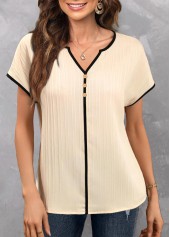 Beige tops,Contrast Color tops,ROTITA Split Light Weight Beige Short Sleeve Blouse