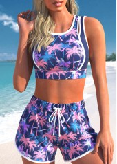 ROTITA Tie Purple Tropical Plants Print Bikini Set