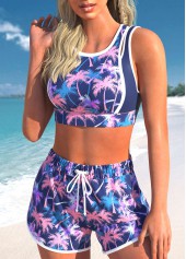 Purple swimwear,Plants swimwear,ROTITA Tie Purple Tropical Plants Print Bikini Set