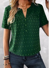 Green tops,Plain Color tops,ROTITA Button Green Split Neck Short Sleeve Blouse