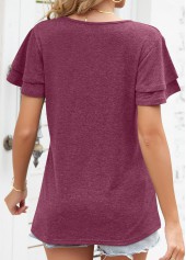 Wine Red tops,Plain Color tops,Layered Wine Red V Neck T Shirt