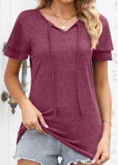 Wine Red tops,Plain Color tops,Layered Wine Red V Neck T Shirt