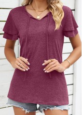 Wine Red tops,Plain Color tops,Layered Wine Red V Neck T Shirt