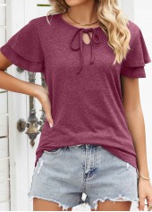 Wine Red tops,Plain Color tops,Layered Wine Red V Neck T Shirt