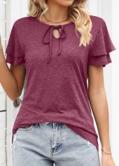 Wine Red tops,Plain Color tops,Layered Wine Red V Neck T Shirt