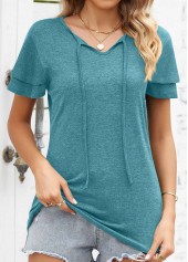 Green tops,Plain Color tops,Layered Green V Neck Short Sleeve T Shirt
