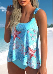 Light Blue swimwear,Plants swimwear,Animal Print swimwear,ROTITA Cross Hem Light Blue Mid Waisted Tankini Set