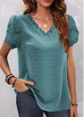 Turquoise tops,Plain Color tops,ROTITA Lace Turquoise V Neck Short Sleeve Blouse
