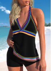Black swimwear,Tribal swimwear,ROTITA Patchwork Black Tribal Print Tankini Top