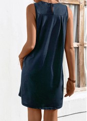 Navy dresses,Plain Color dresses,Ruched Navy H Shape Round Neck Sleeveless Dress