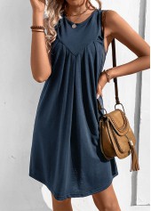 Ruched Navy H Shape Round Neck Sleeveless Dress