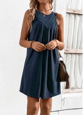 Navy dresses,Plain Color dresses,Ruched Navy H Shape Round Neck Sleeveless Dress