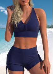 Navy swimwear,Plain Color swimwear,ROTITA Two Piece Navy Mid Waisted Tankini Set