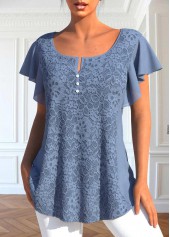 Dusty Blue tops,Plain Color tops,ROTITA Lace Dusty Blue Split Neck T Shirt