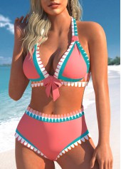 Pink swimwear,Tribal swimwear,Geometric swimwear,ROTITA Bowknot Pink Tribal Print Mid Waisted Bikini Set
